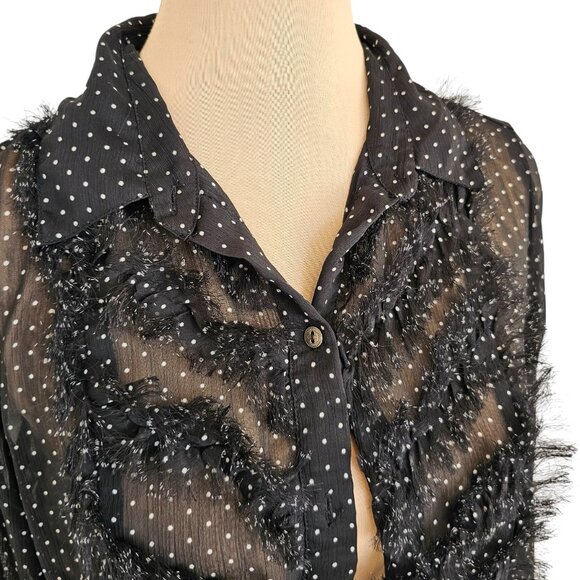 Free People Polka Dot Collared Fringe Long Sleeve Sheer Blouse Sz XS - Picture 3 of 12
